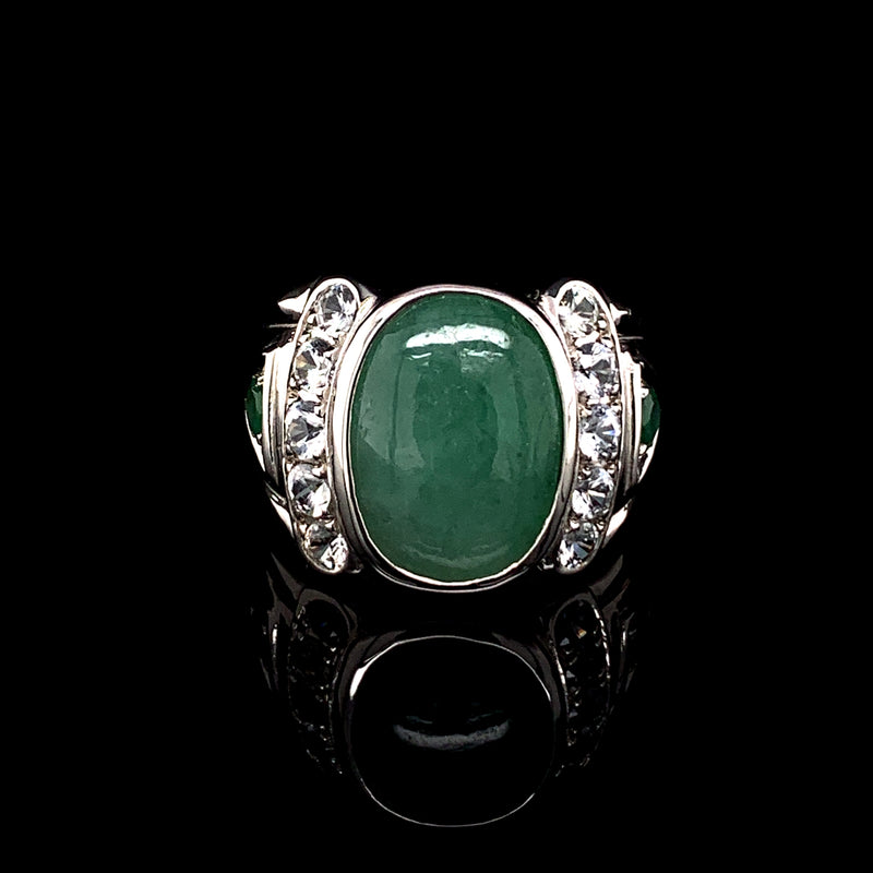 Jade & White Sapphire 925 Silver Ring