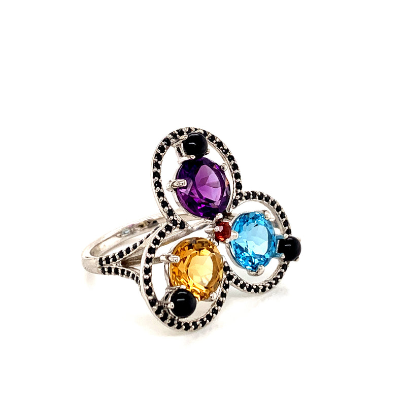  Amethyst /citrine /blue topaz/ setting with black spinal 925 silver Ring