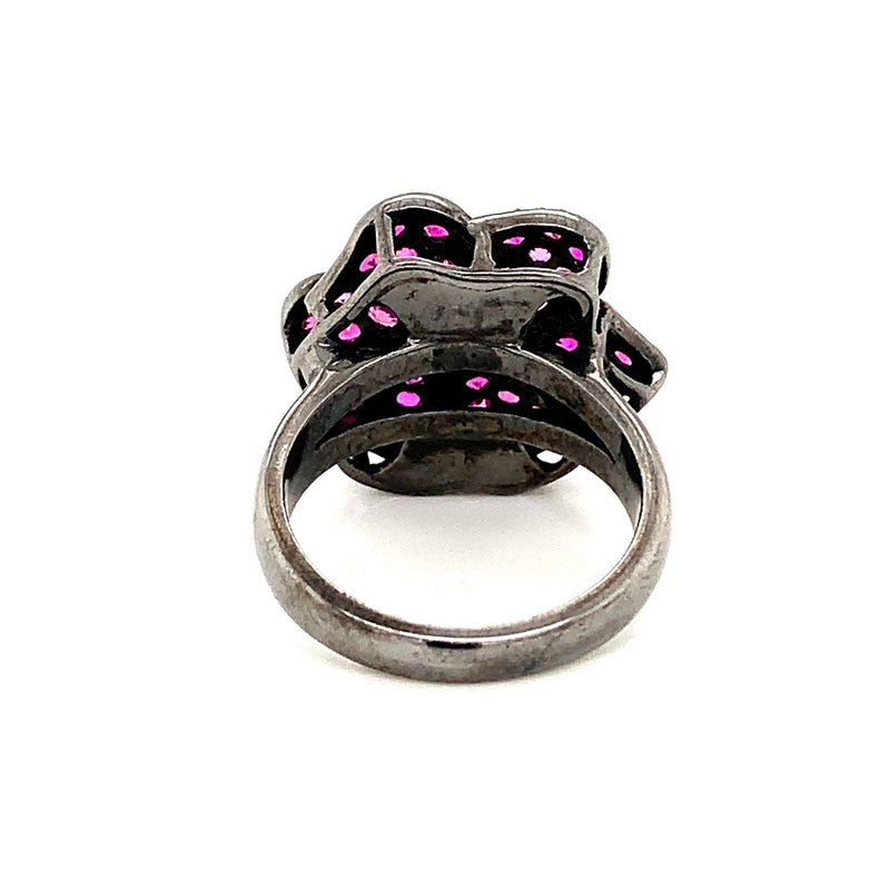 Burmese Ruby & Diamonds Black Rhodium Plated  925 Silver Ring