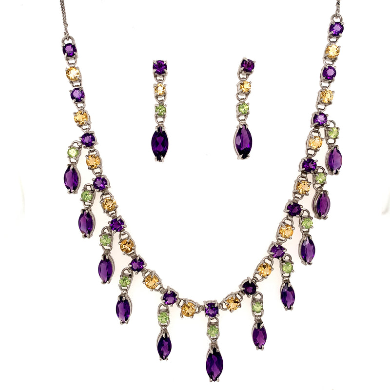 Amethyst,Citrine,Peridot 925 Silver Necklace & Earring