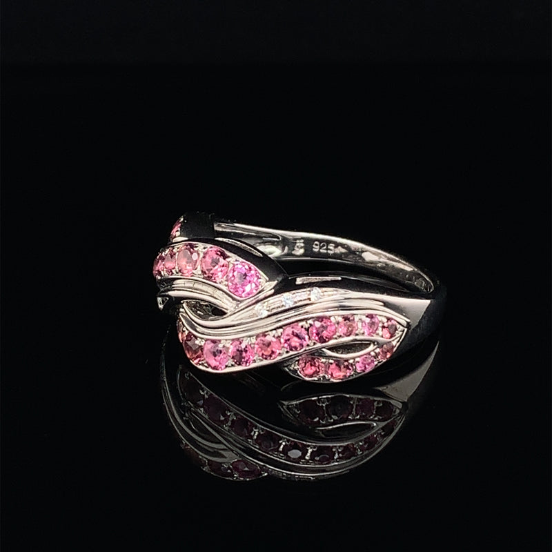 Pink Tourmaline Set In With White Zircon 925 Silver Ring