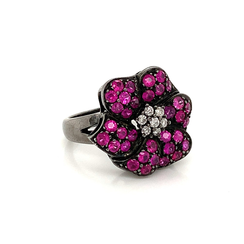 Burmese Ruby & Diamonds Black Rhodium Plated  925 Silver Ring
