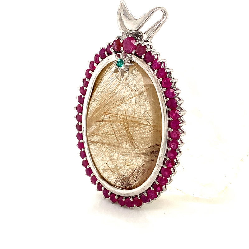 Natural golden rutilated quartz pendant set in 2mm ruby