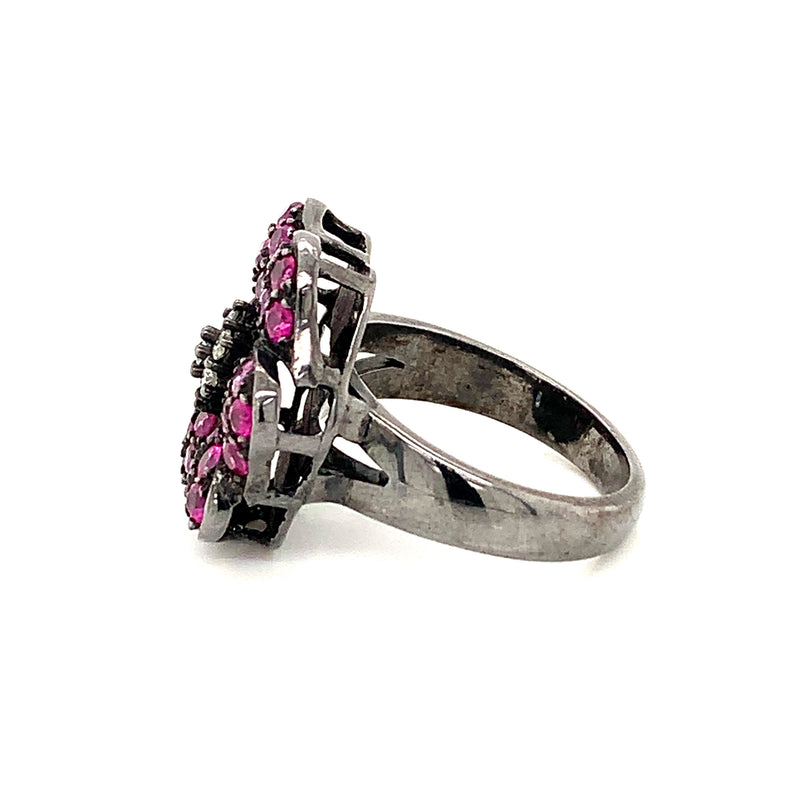 Burmese Ruby & Diamonds Black Rhodium Plated  925 Silver Ring