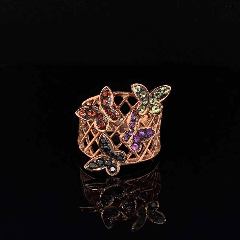 Garnet/ Amethyst/ Peridot/Black Spinel Four Butterfly  925 silver ring