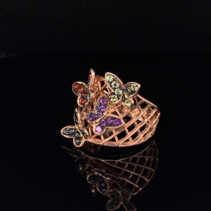 Garnet/ Amethyst/ Peridot/Black Spinel Four Butterfly fly 925 silver ring1