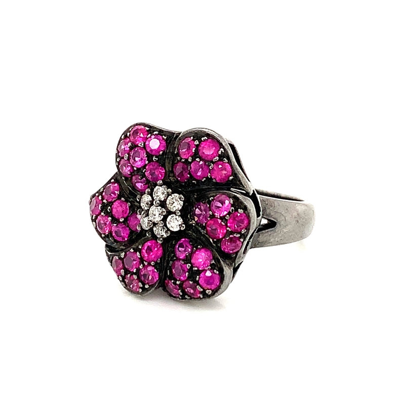 Burmese Ruby & Diamonds Black Rhodium Plated  925 Silver Ring