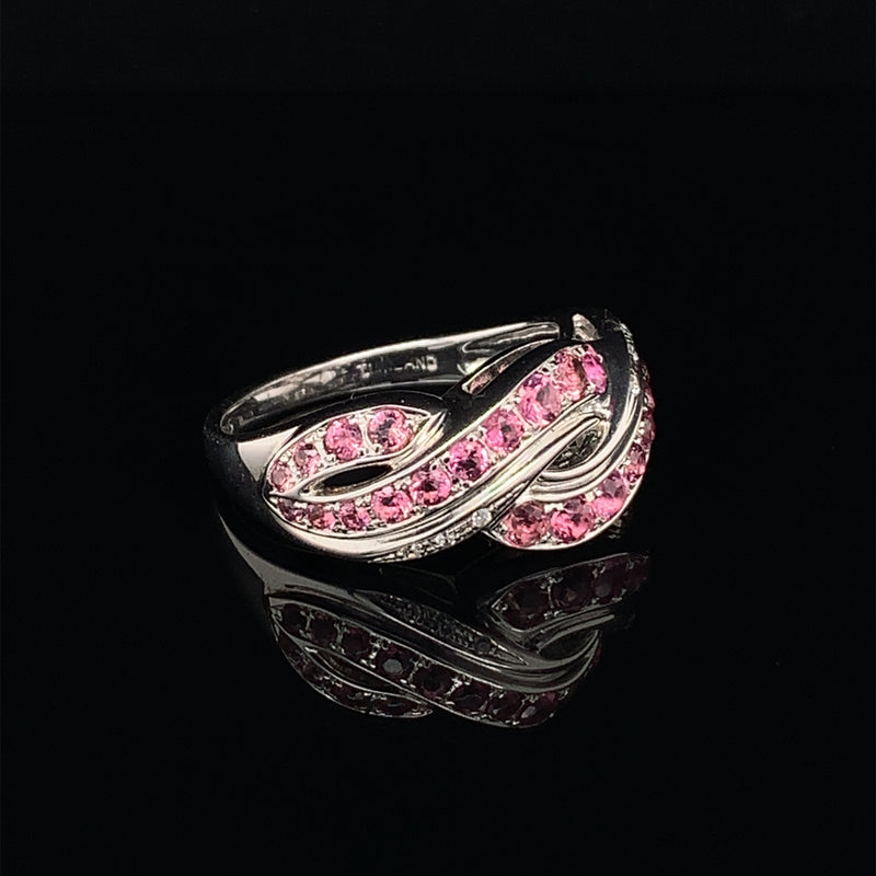 Pink Tourmaline Set In With White Zircon 925 Silver Ring