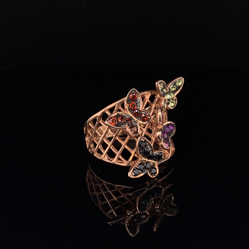 Garnet/ Amethyst/ Peridot/Black Spinel Four Butterfly fly 925 silver ring