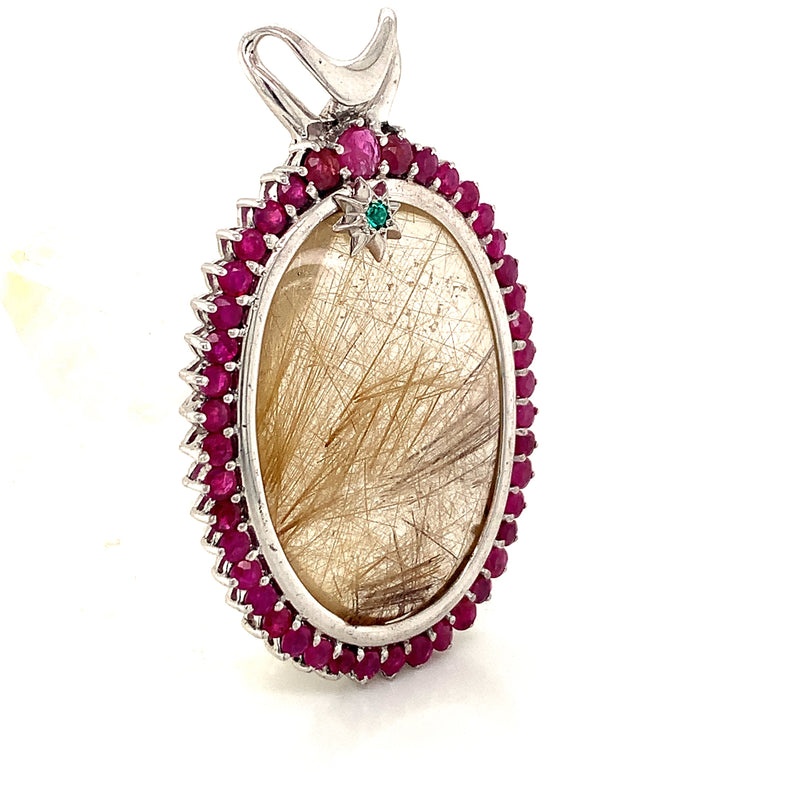 Natural golden rutilated quartz pendant set in 2mm ruby
