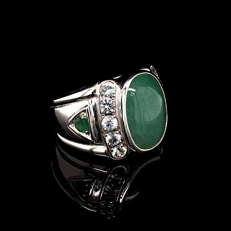 Jade & White Sapphire 925 Silver Ring