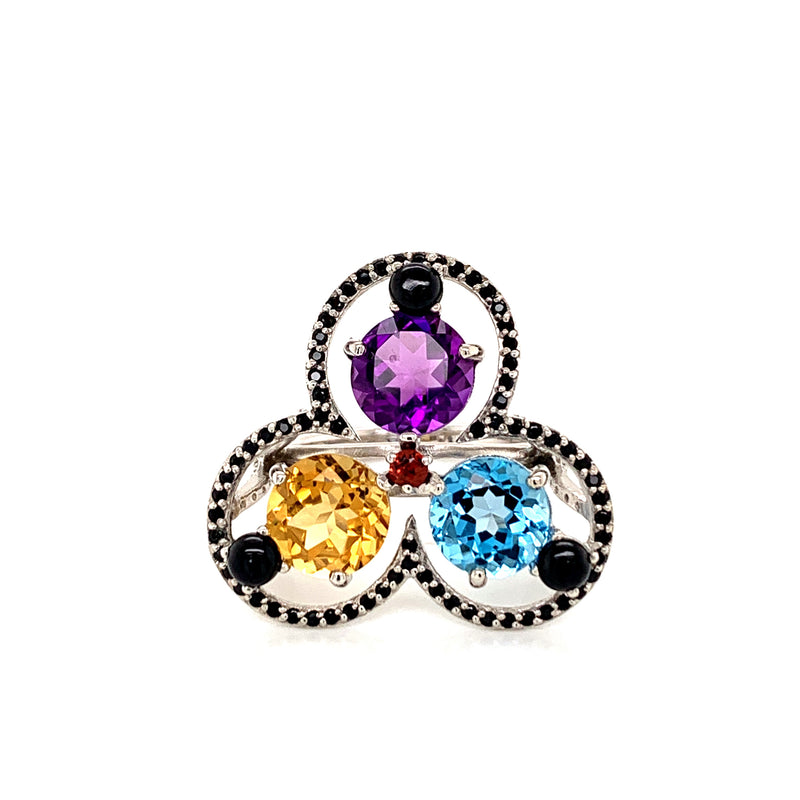  Amethyst /citrine /blue topaz/ setting with black spinal 925 silver Ring