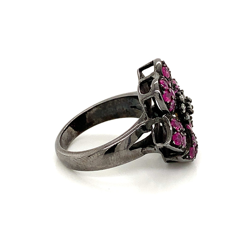 Burmese Ruby & Diamonds Black Rhodium Plated  925 Silver Ring